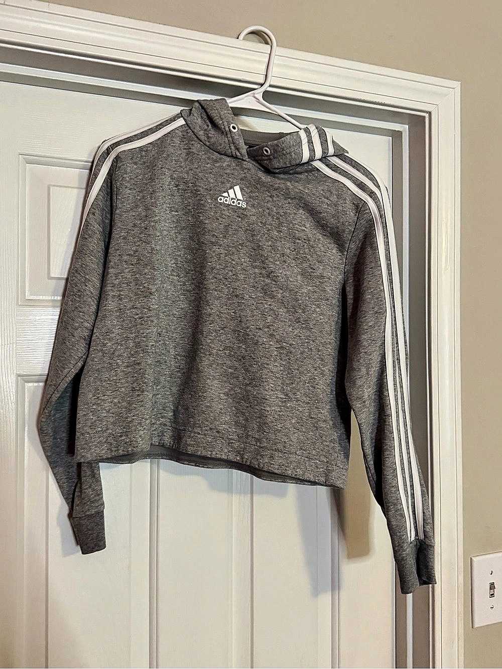 adidas Essentials 3-Stripes French Terry Crop Hoodie Gray Small